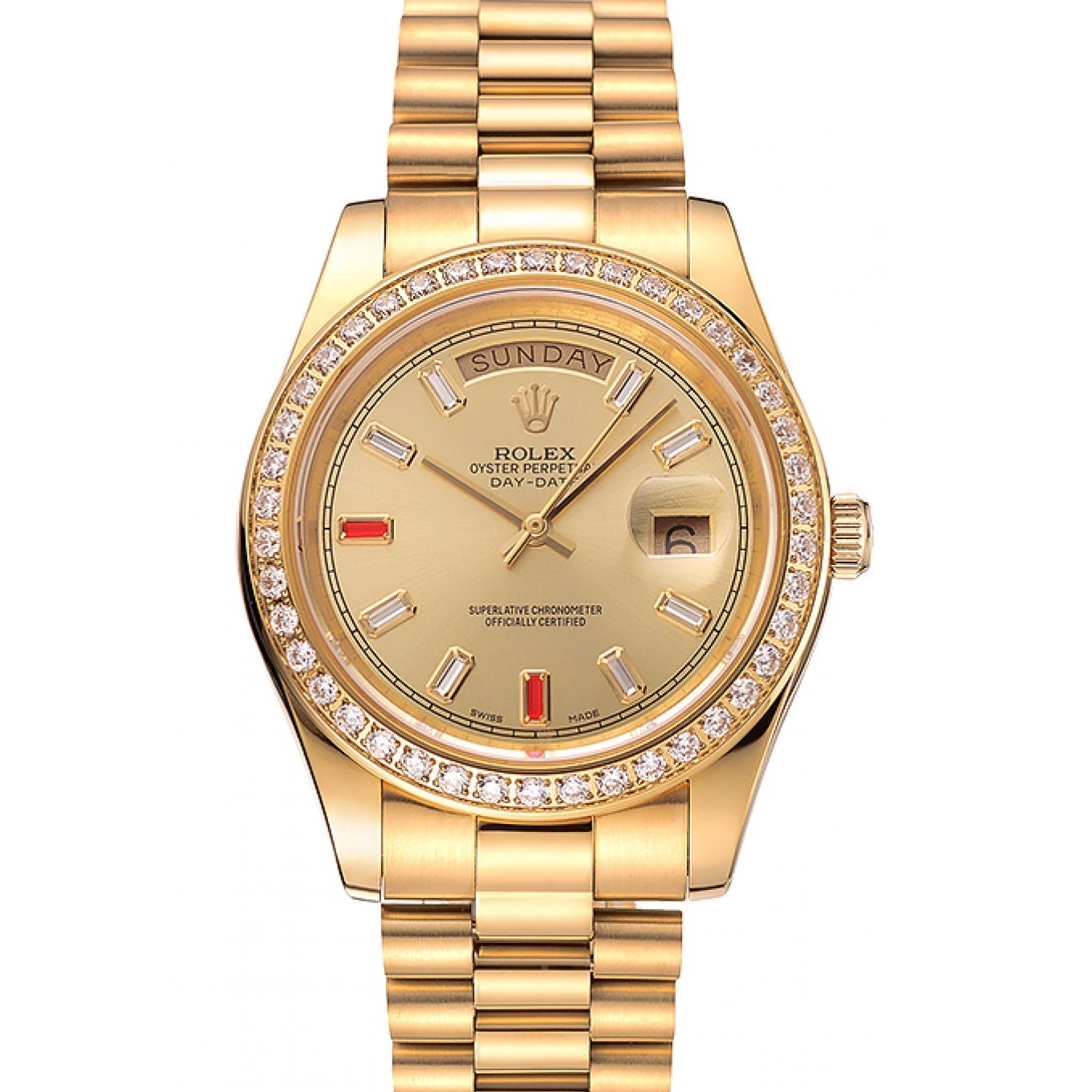 Aaa replica watch Rolex And Diamonds Champagne Dial Gold Swiss Rubies Bracelet Day-Date 1454100 0707